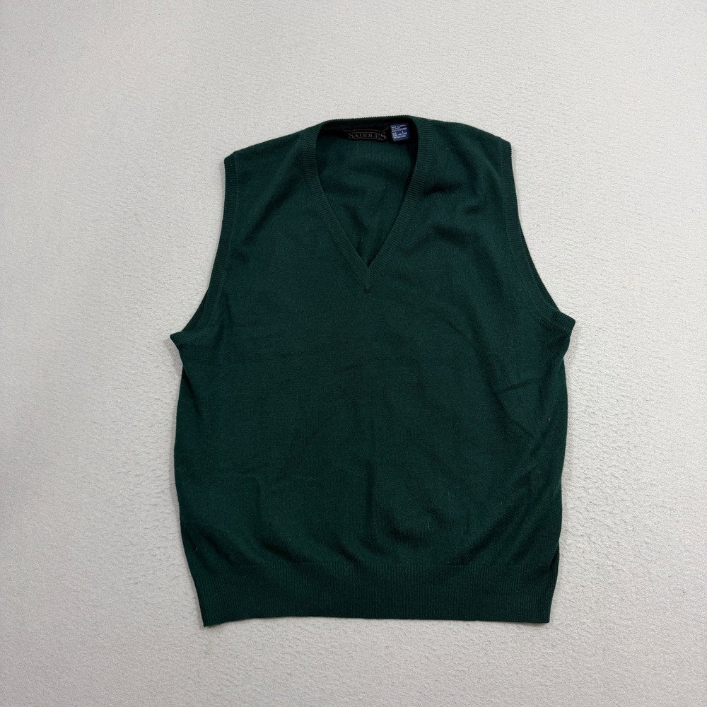 Vintage Saddles Sweater Vest Large Green V-Neck 100% Cashmere Sleeveless Preppy